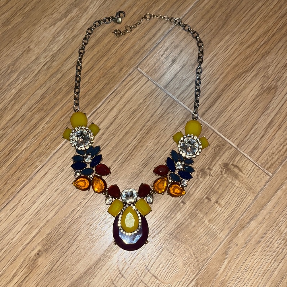 J. Crew chunky yellow, purple, and orange rhinestone statement necklace